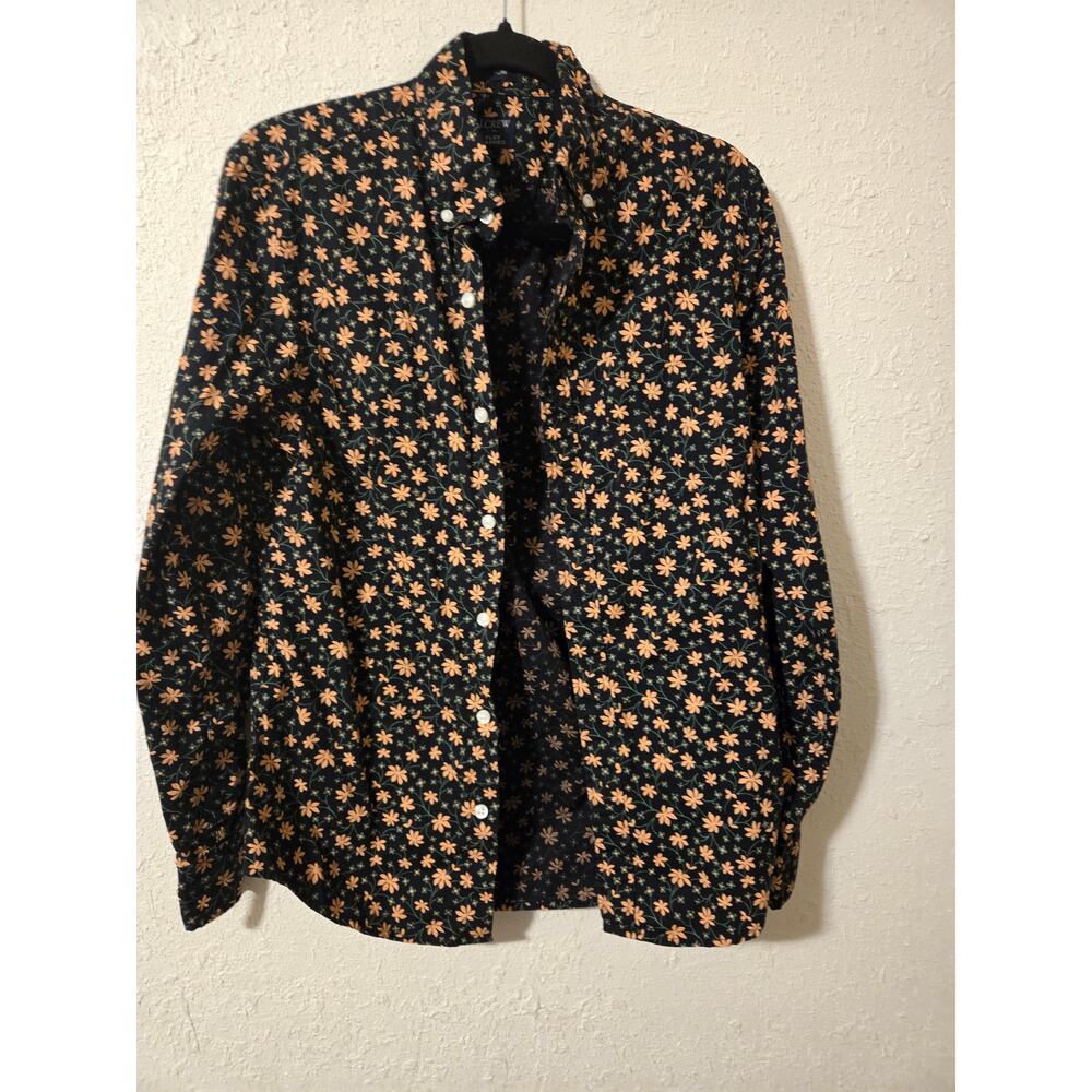 J CREW Button-Down Shirt Mens Small Black Floral LS Flex Washed Stretch Cotton